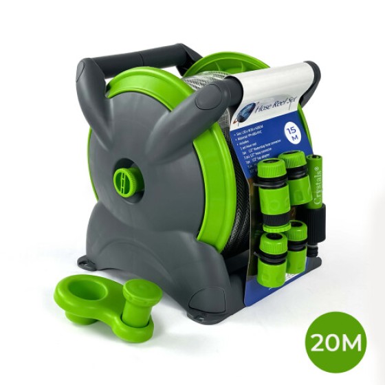 20M ガーデンホース＆コンパクト壁掛けリール付属セット（自立式・壁掛け式、新品）